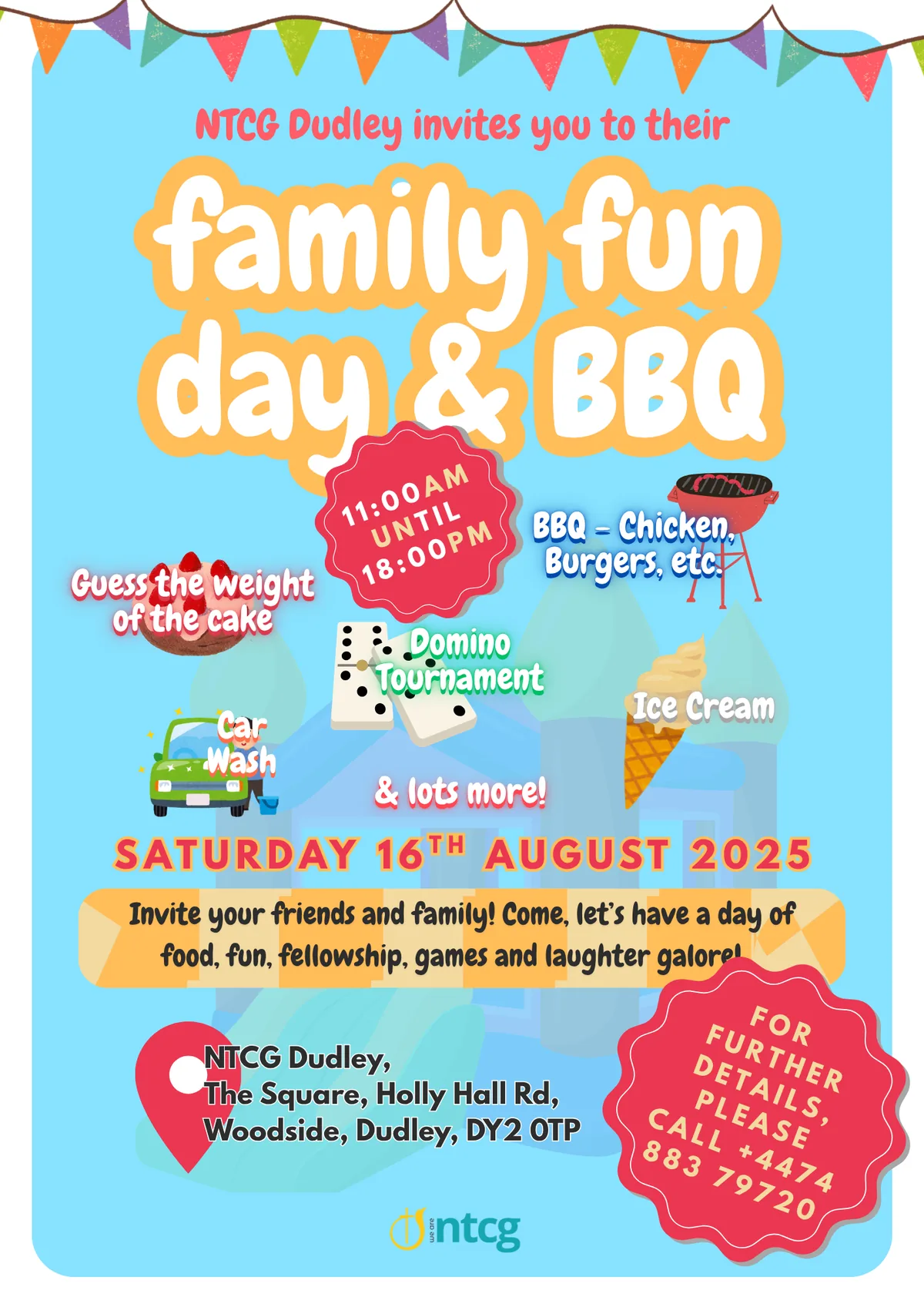 Bright blue A3 poster headed 'family fun day & BBQ' in rounded white and cream lettering, with bunting across the top and illustrated callouts for a barbecue, domino tournament, car wash, ice cream and cake competition, plus the date, times and venue.